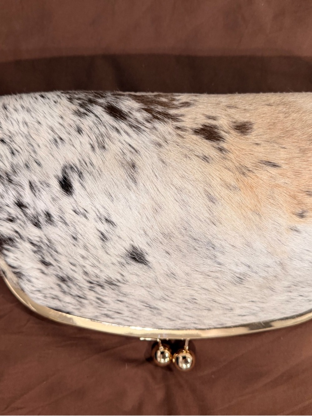 Women’s White Speckled Faux Fur Clutch with Gold Trim